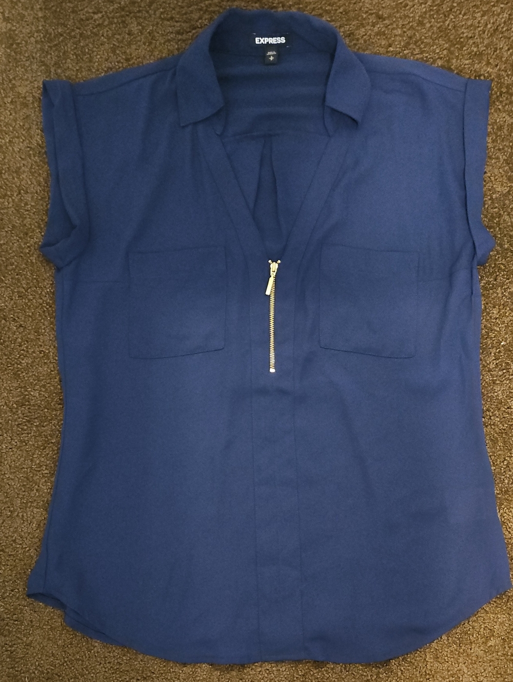 Express Navy Short-Sleeve Zip V-Neck Blouse